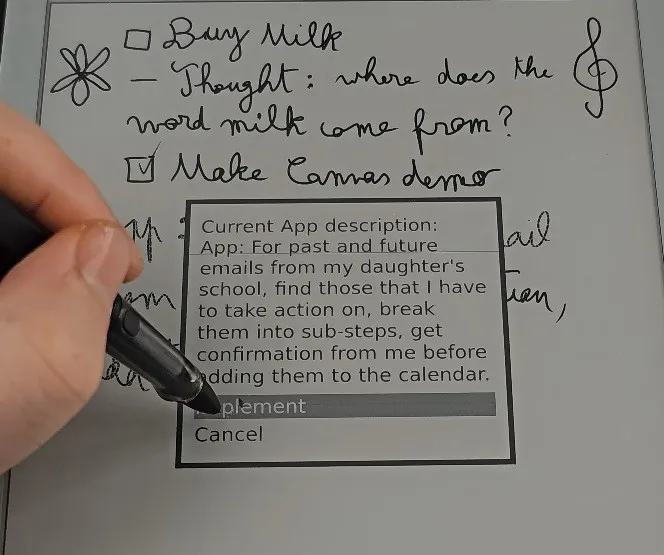 A hand holding a stylus over an e-ink tablet with a handwritten to-do list. A dialog titled 'Current App description' describes an app that finds actionable school emails and asks for confirmation before adding them to the calendar, with Implement and Cancel options.