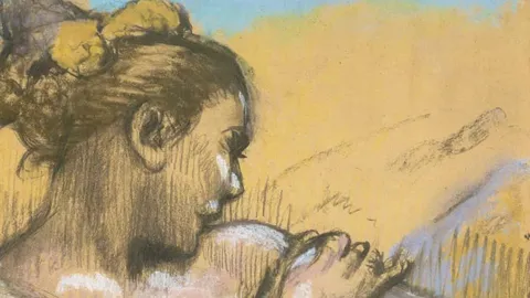 detail of an impressionist painting by Edgar Degas: a dancer is seen from the shoulders up, her hair in a tight bun, using brown ochre colours, her collarbones and fingers highlighted as she touches her upper arm.