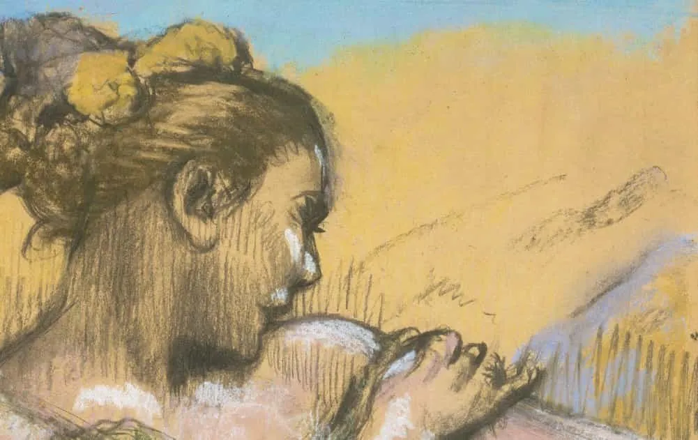 detail of an impressionist painting by Edgar Degas: a dancer is seen from the shoulders up, her hair in a tight bun, using brown ochre colours, her collarbones and fingers highlighted as she touches her upper arm.