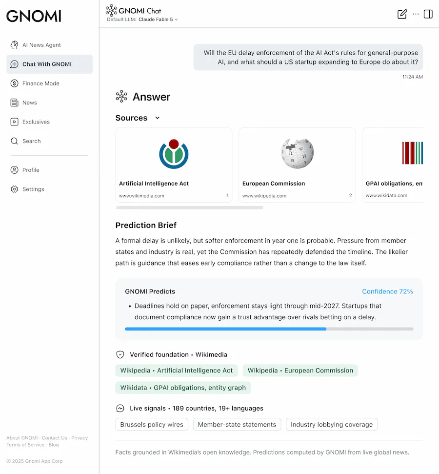 a screenshot of the GNOMI AI news agent, with a chat screen where a user asks about the AI Act and GNOMI pulls up sources from Wikimedia projects.