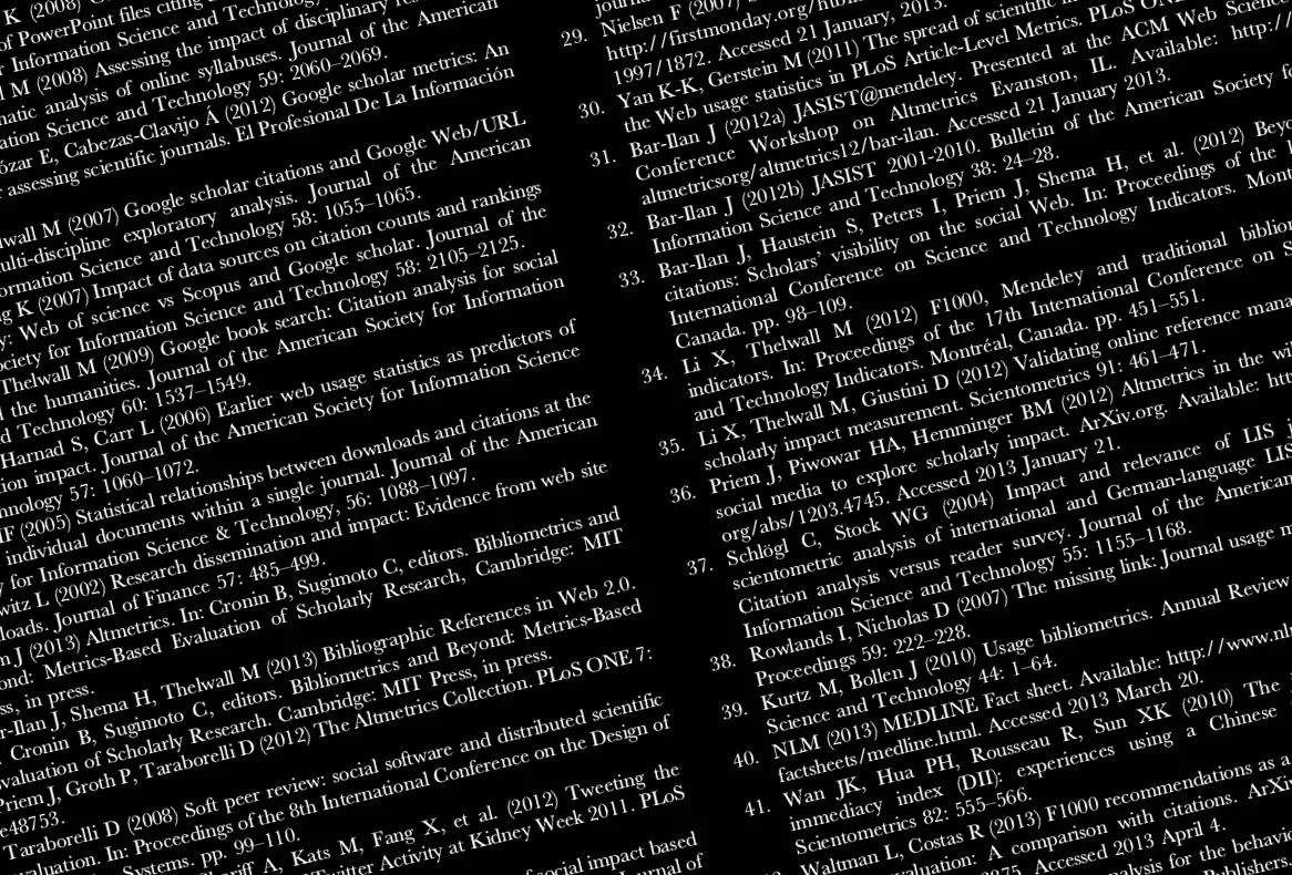 A page of numbered scientific citations in white type on black, rotated and cropped.