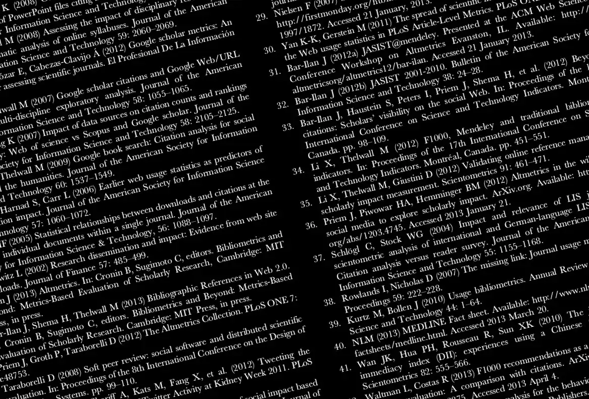 A page of numbered scientific citations in white type on black, rotated and cropped.