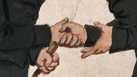 Two men shaking hands on meeting outdoor scene Watercolour