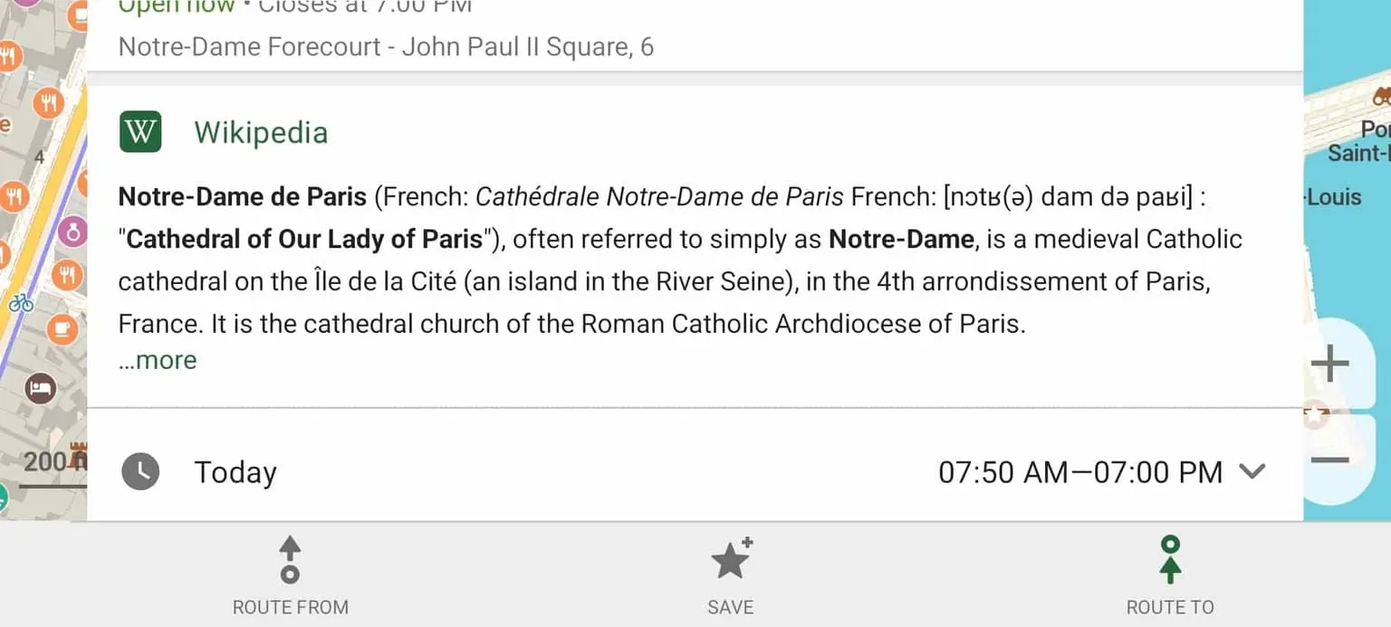 A screenshot of the CoMaps app showing a Wikipedia page with the Wikipedia logo and the English article for Notre-Dame de Paris.