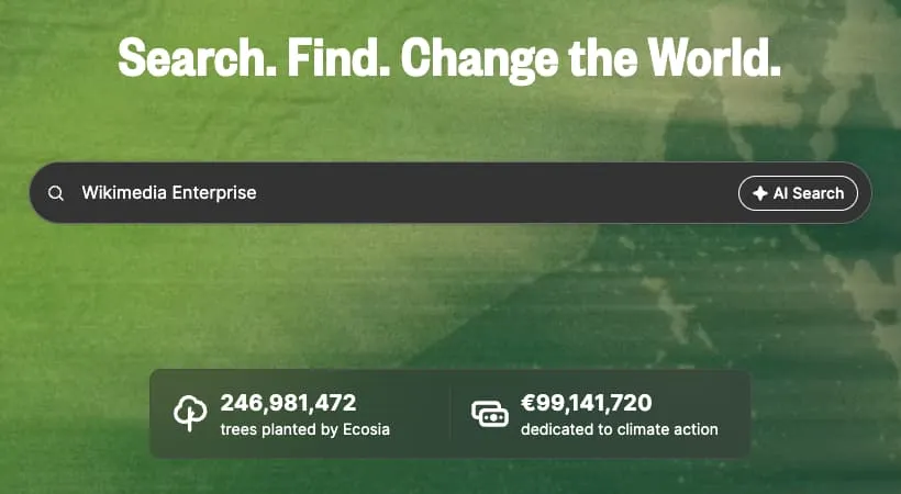 The Ecosia search homepage with 'Wikimedia Enterprise' typed into the search box, the tagline 'Search. Find. Change the World.' above it, and counters for trees planted and money dedicated to climate action below.