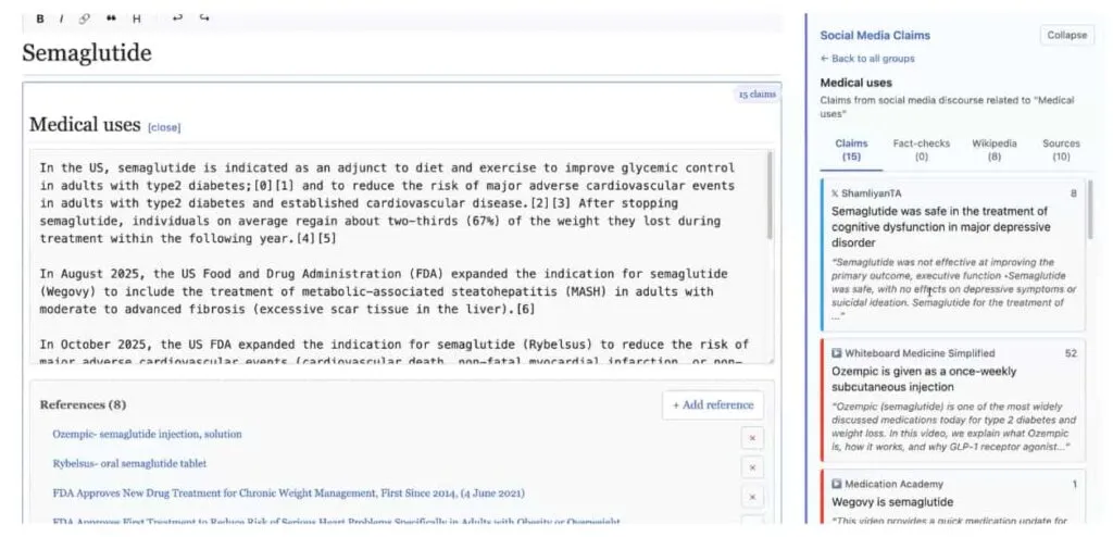 A screenshot of EditBetter, citing claims from social media about Semaglutide in the right menu, while editing the article.