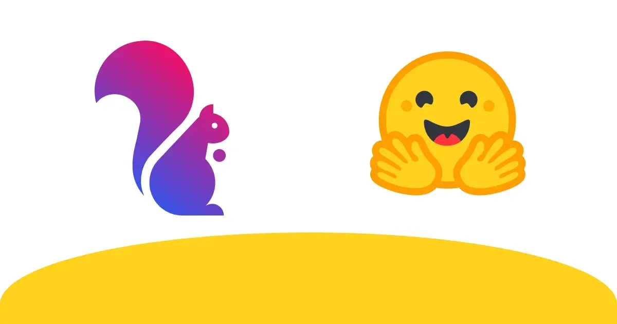 The Wikimedia Enterprise squirrel logo beside the Hugging Face hugging-face emoji, above a yellow curve.