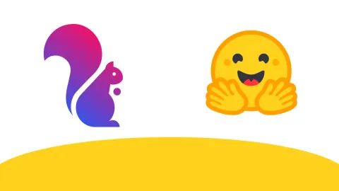 The Wikimedia Enterprise squirrel logo beside the Hugging Face hugging-face emoji, above a yellow curve.