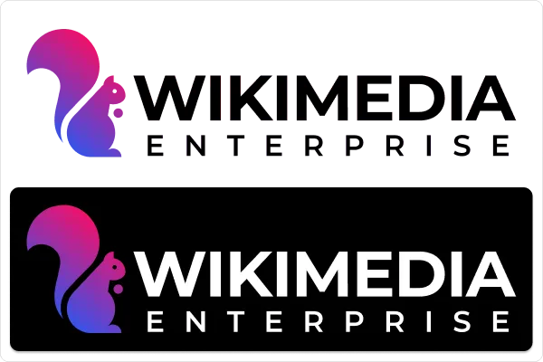 The Wikimedia Enterprise logo, a squirrel in a pink to blue gradient beside the wordmark, shown once with black text on white and once with white text on black.