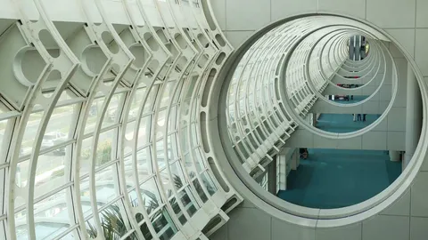 Looking along a row of circular concrete openings and curved white steel and glass framing inside the San Diego Convention Center.