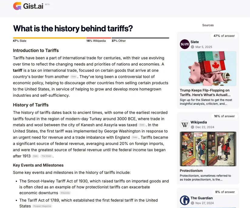 Gist.ai beta search for 'What is the history behind tariffs?' showing the results content along with cited sources.