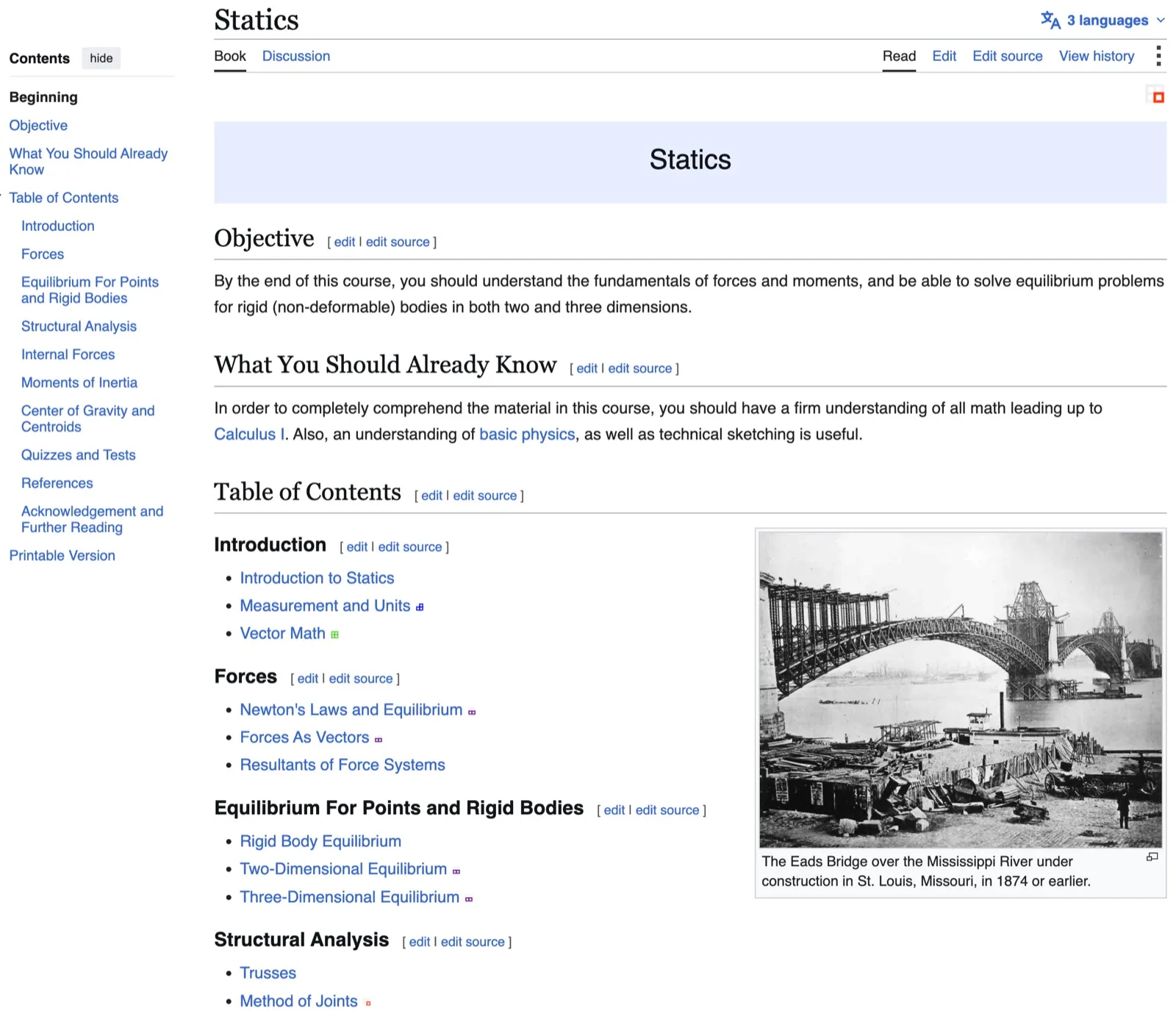 The opening page of the English Wikibooks title Statics, showing the objective, the prerequisites and the chapter-by-chapter table of contents that structures every module.