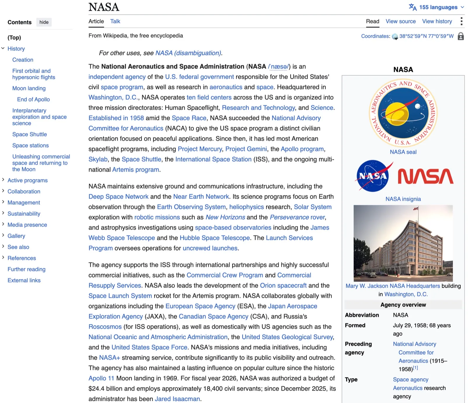 The English Wikipedia article on NASA, showing the expanded section outline in the left rail, a cited lead section, the agency infobox with its seal, insignia and structured overview fields, and a language menu listing 155 editions.