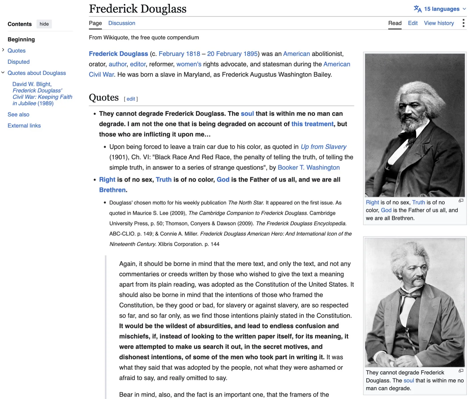 The Frederick Douglass page on English Wikiquote, showing sourced quotations each followed by the publication they were traced to, and a contents rail listing separate Quotes, Disputed and Quotes about Douglass sections.