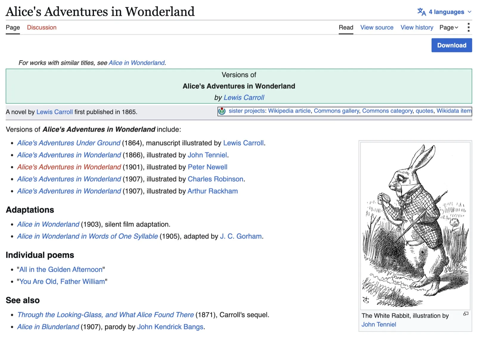 The Alice's Adventures in Wonderland page on English Wikisource, listing every published version of the novel with its illustrator alongside John Tenniel's White Rabbit engraving.