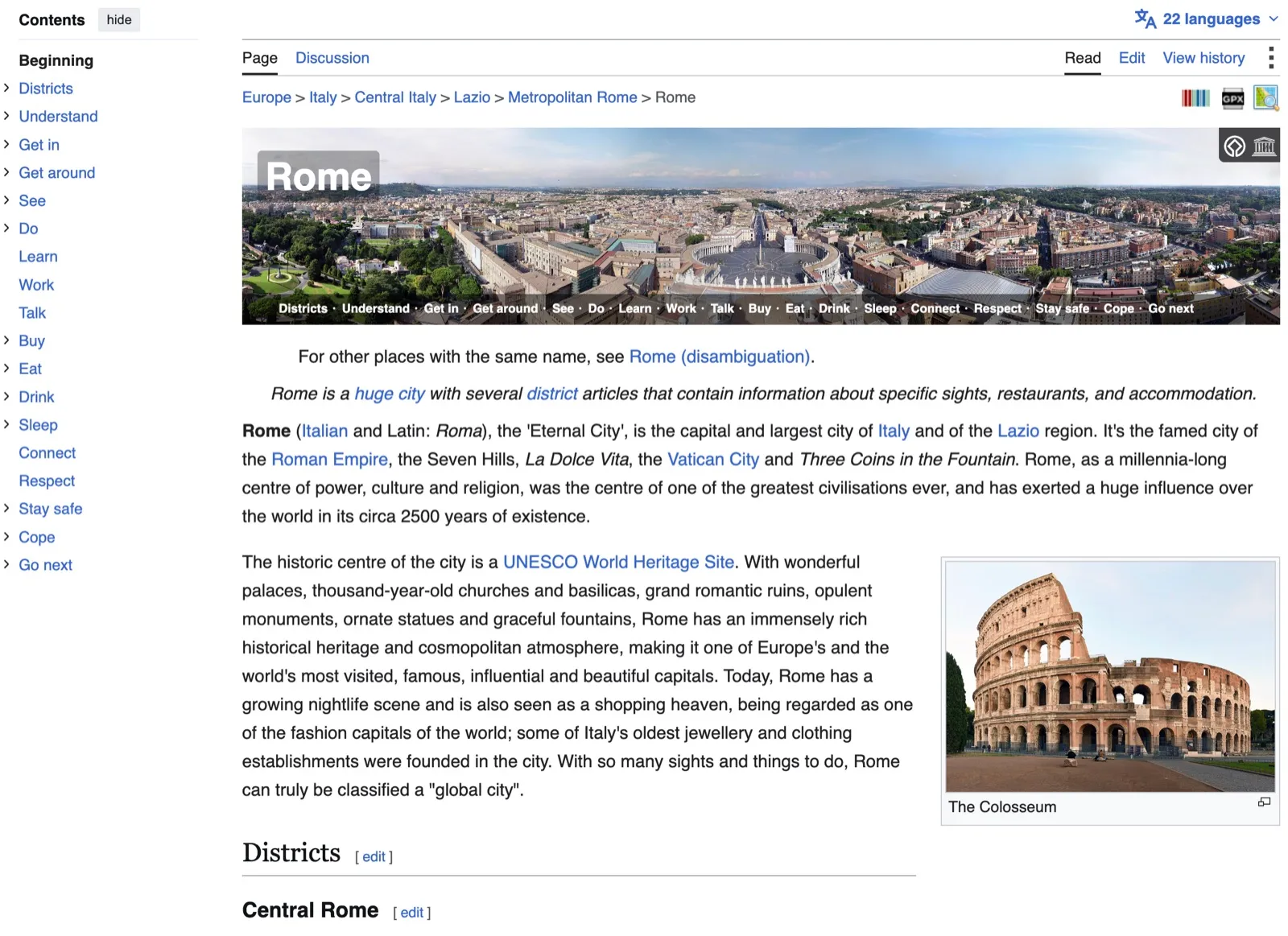 The Wikivoyage article on Rome, showing the standard section outline in the left rail and the banner, breadcrumb and destination summary a traveler sees first.