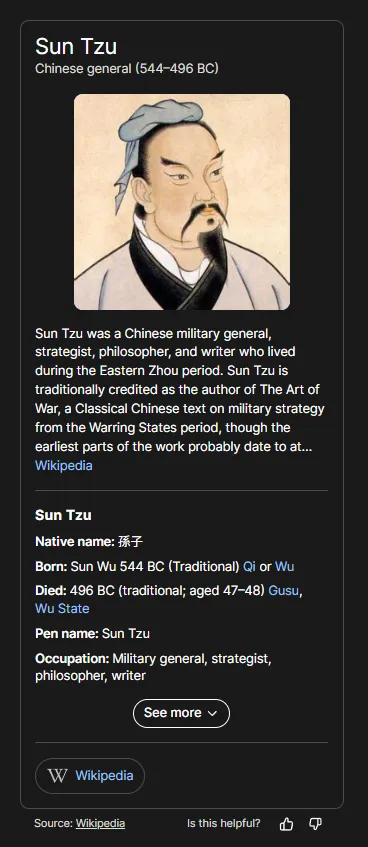 An Ecosia knowledge panel for Sun Tzu in dark mode: a portrait, a summary paragraph, facts for native name, birth, death, pen name and occupation, a Wikipedia button, and a 'Source: Wikipedia' line.
