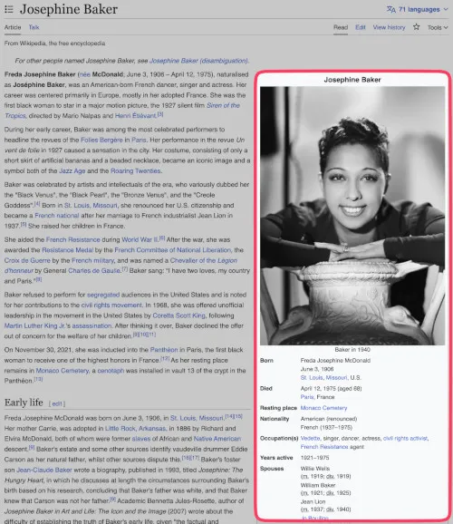 The English Wikipedia article on Josephine Baker with the infobox in the right column outlined in red.