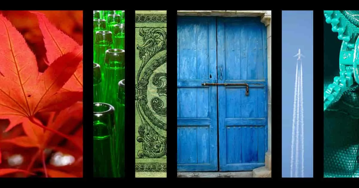 a collage of different images with vibrant colors in red, green and blue, arranged in a pattern with black vertical bars reminiscent of the Wikidata logo