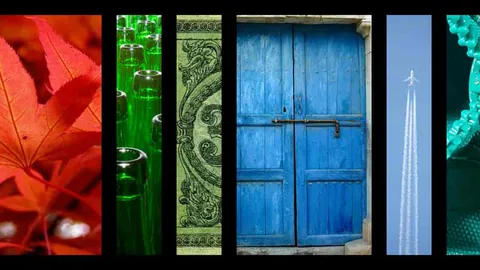 a collage of different images with vibrant colors in red, green and blue, arranged in a pattern with black vertical bars reminiscent of the Wikidata logo