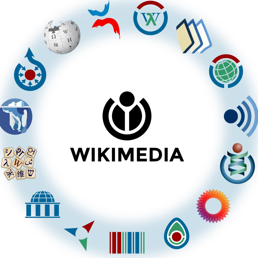 The Wikimedia Foundation logo at the center of a ring of Wikimedia project logos.