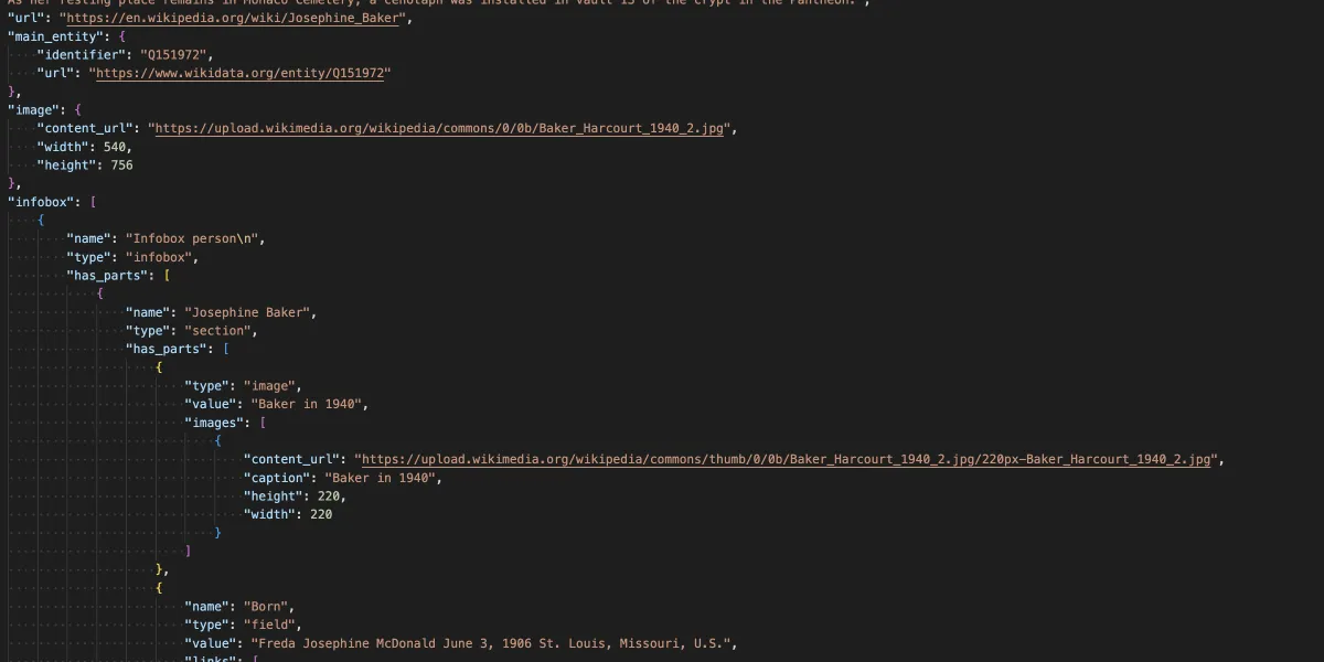 A Structured Contents JSON response for the Josephine Baker article, showing the main_entity, image and infobox objects with the 'Baker in 1940' image caption and the Born field.