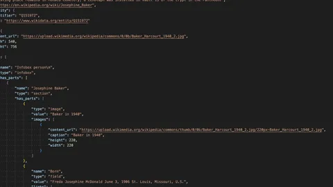 A Structured Contents JSON response for the Josephine Baker article, showing the main_entity, image and infobox objects with the 'Baker in 1940' image caption and the Born field.