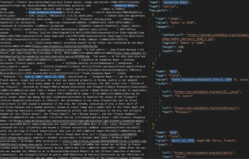 Wikitext blob text on left versus parsed infobox from Structured Contents endpoint.
