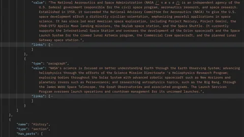 A JSON response showing the article_sections array for NASA: an Abstract section with two paragraphs, each with a links array, followed by a History section.