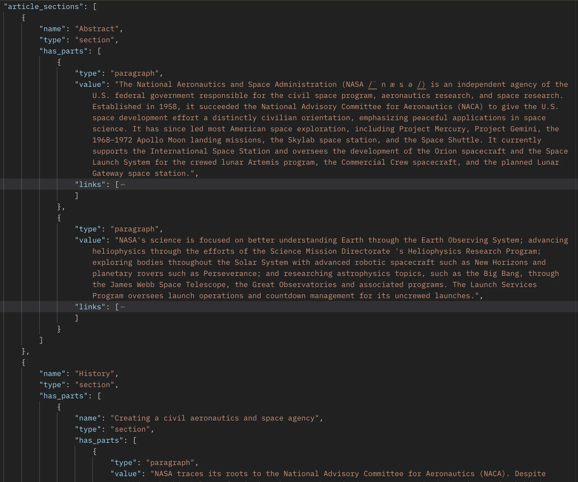A JSON response showing the article_sections array for NASA: an Abstract section with two paragraphs, each with a links array, followed by a History section.