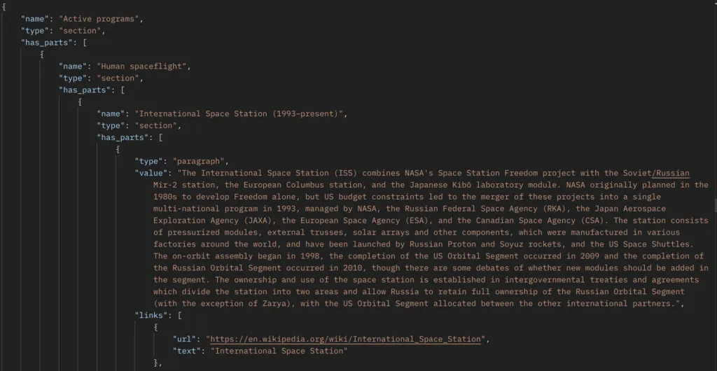Image of JSON response showing a section with sub sections and paragraph with links array