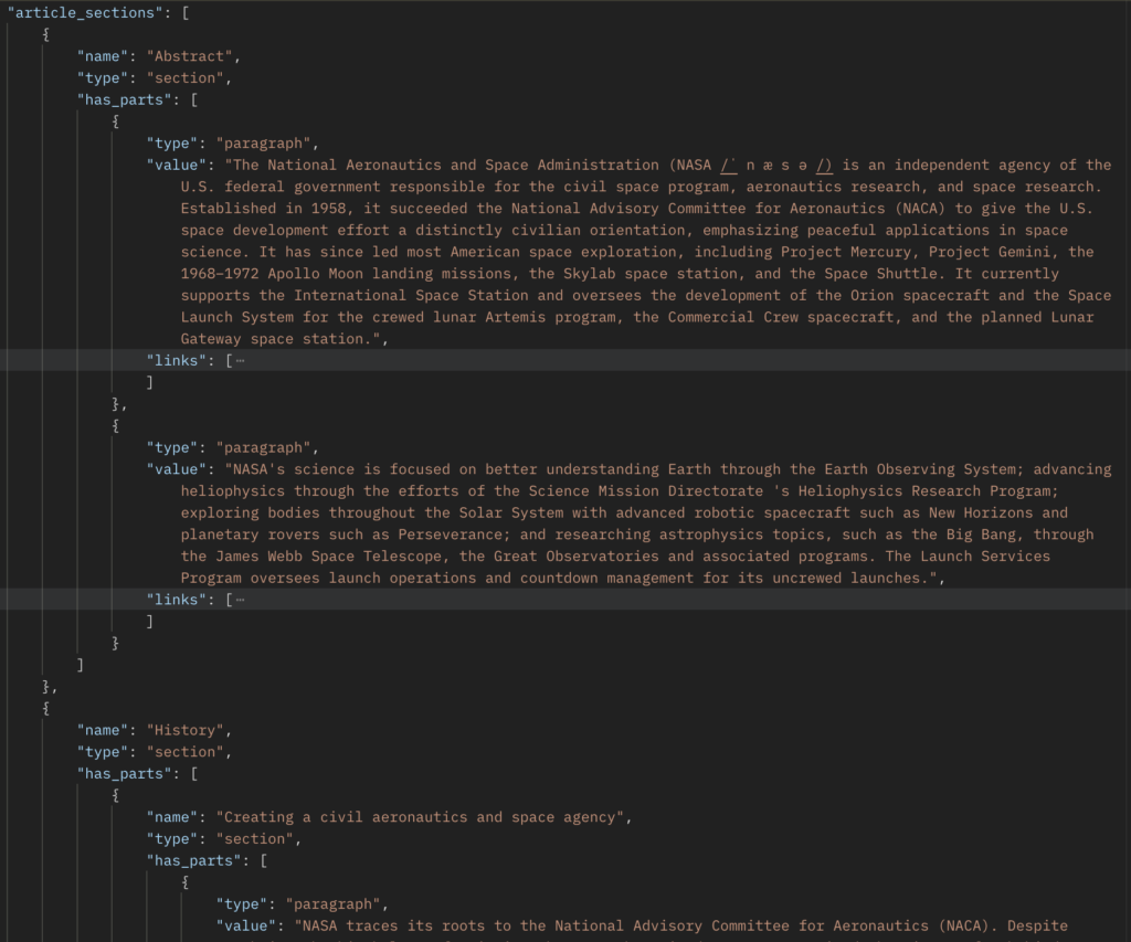 Image of JSON response showing the new article sections with paragraphs and start of a second section