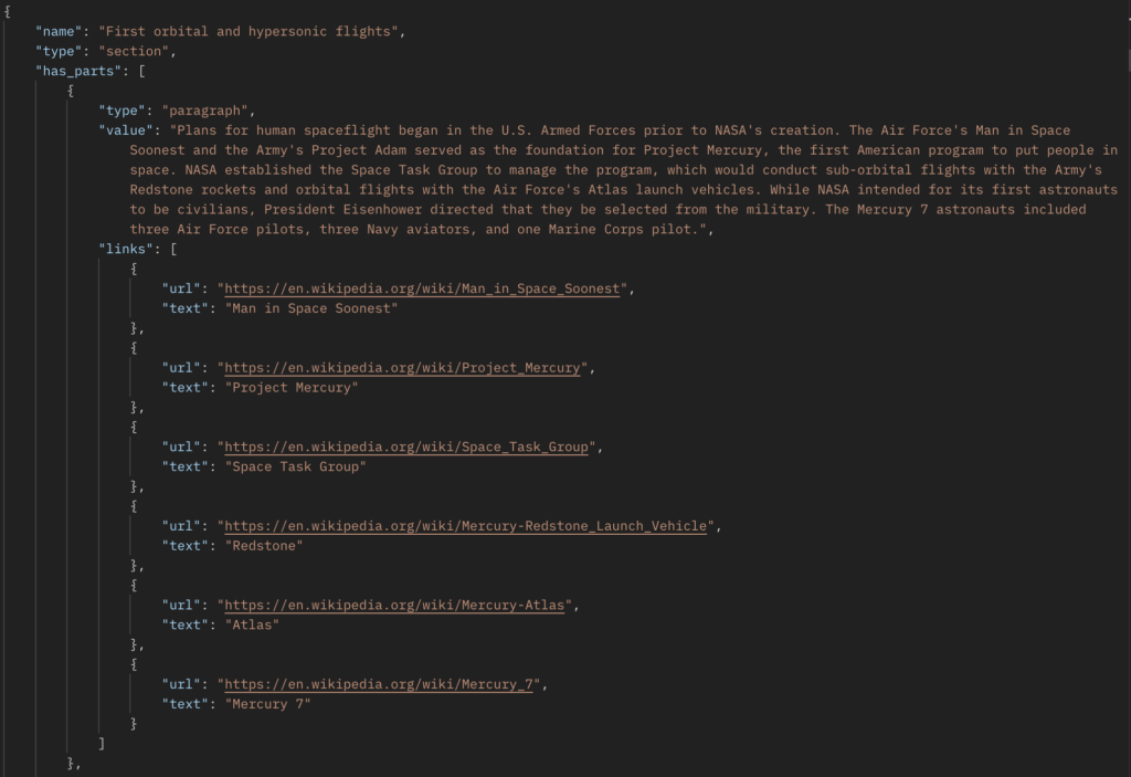 Image of JSON response showing a section paragraph with links array showing each url and link text