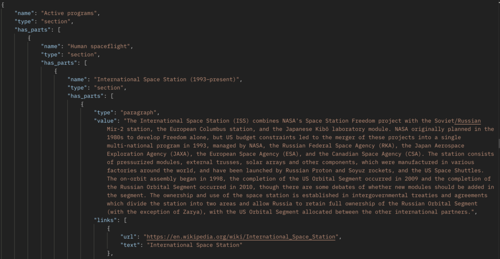 Image of JSON response showing a section with sub sections and paragraph with links array