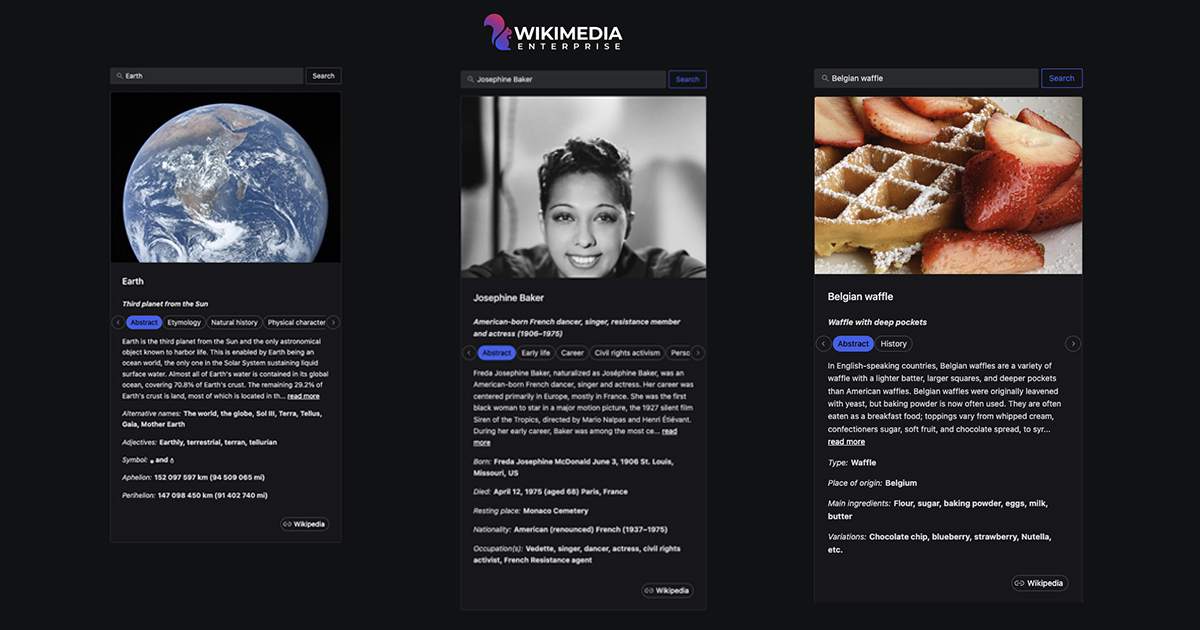 Knowledge Panel examples using WIkimedia Enterprise APIs