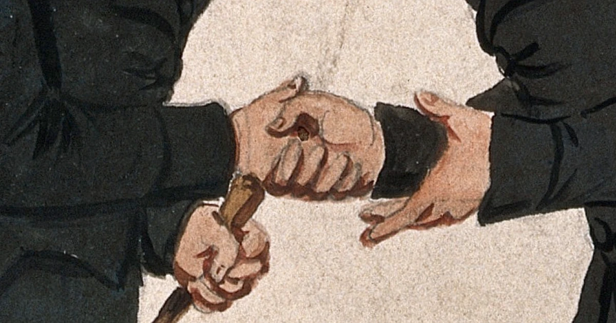 Two men shaking hands on meeting outdoor scene Watercolour