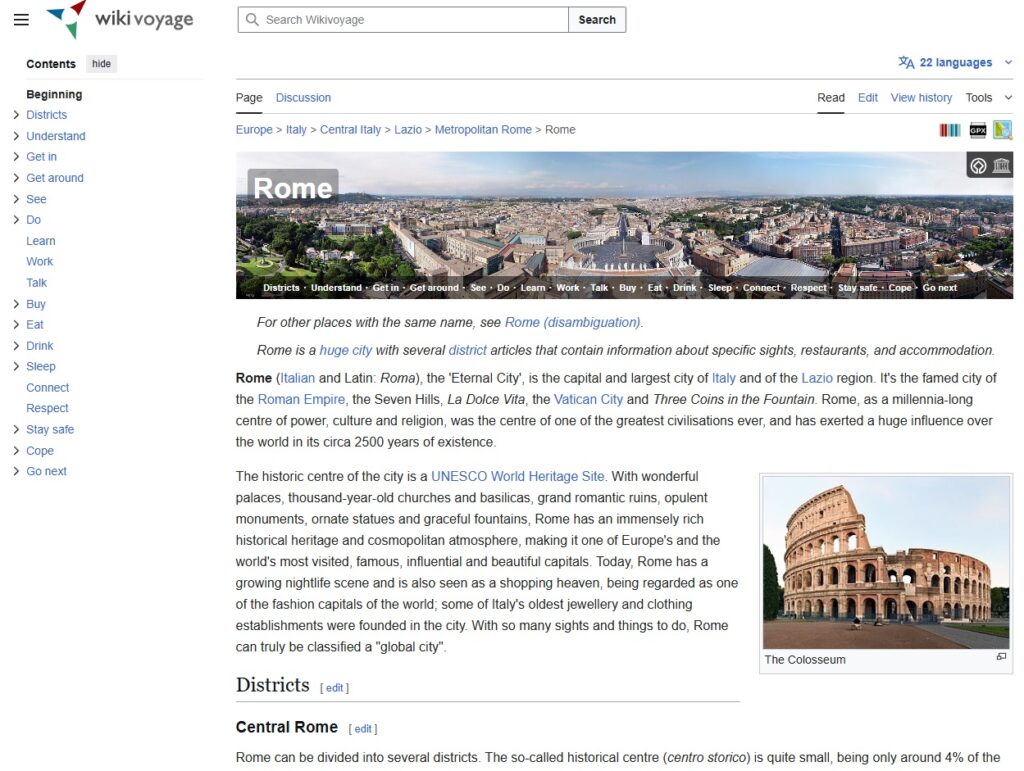 A screenshot of the page about Rome (city) from the Wikivoyage project. 