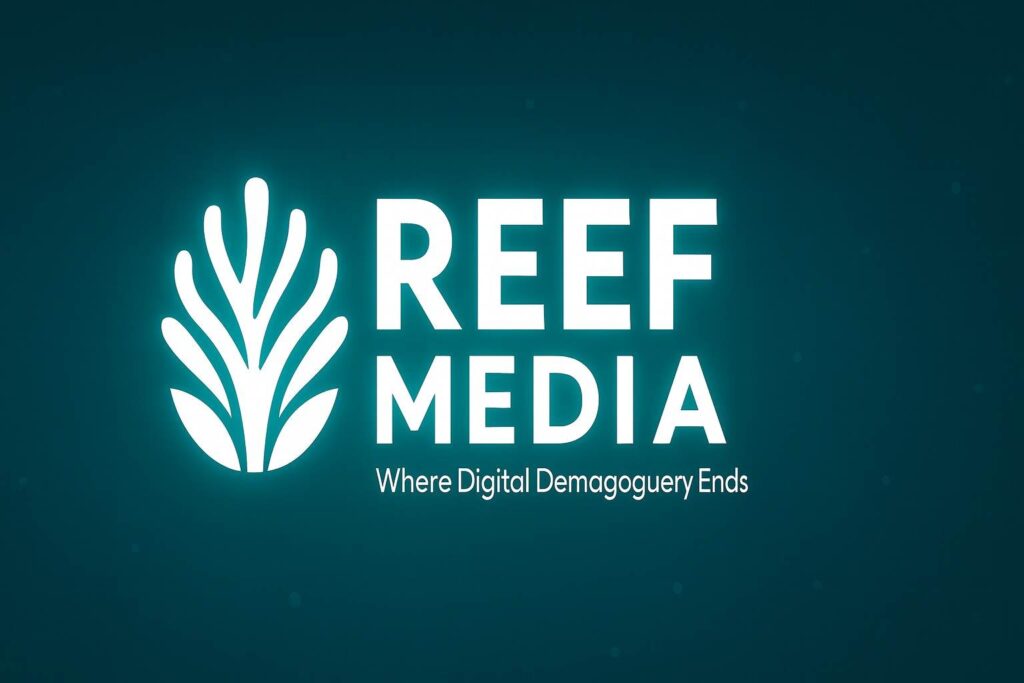 A white glowing logo of a reef with the words 'Reef Media, Where Digital Demagoguery Ends', on a blue background.