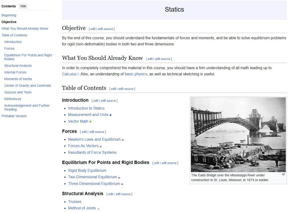 A screenshot of the first page of the Wikibooks in English on Statics, showing a table of contents and introductory information.