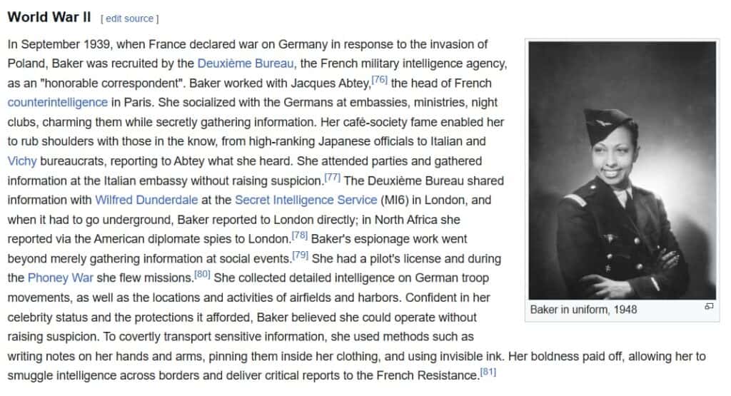 The 'World War II' section of the Josephine Baker English Wikipedia article body, with a section image shown on the right, with the caption 'Baker in uniform, 1948'.