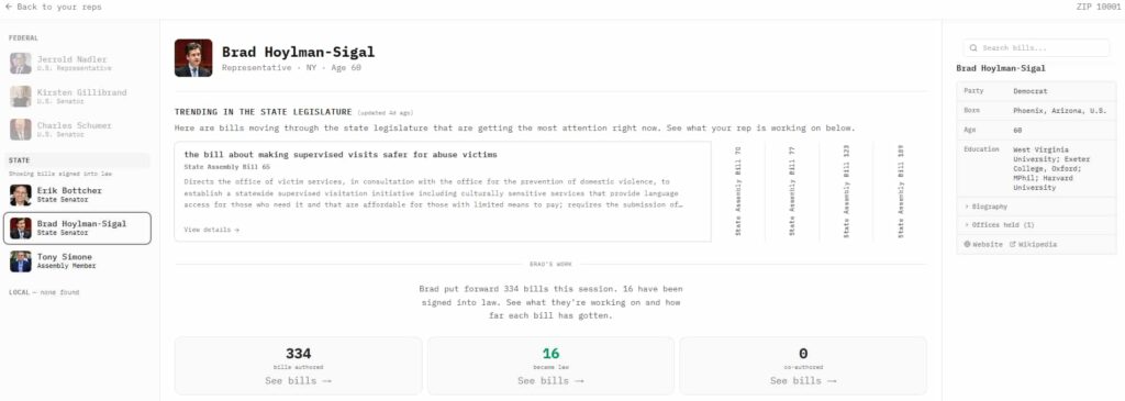 screenshot of CivicLens showing the page of representative Brad Hoylman-Sigal