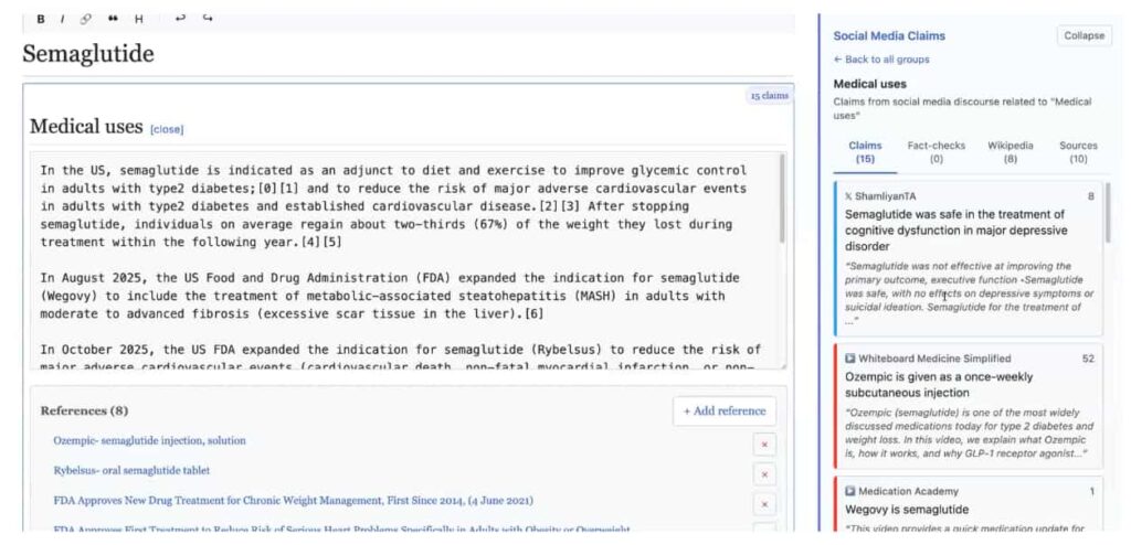 A screenshot of EditBetter, citing claims from social media about Semaglutide in the right menu, while editing the article.