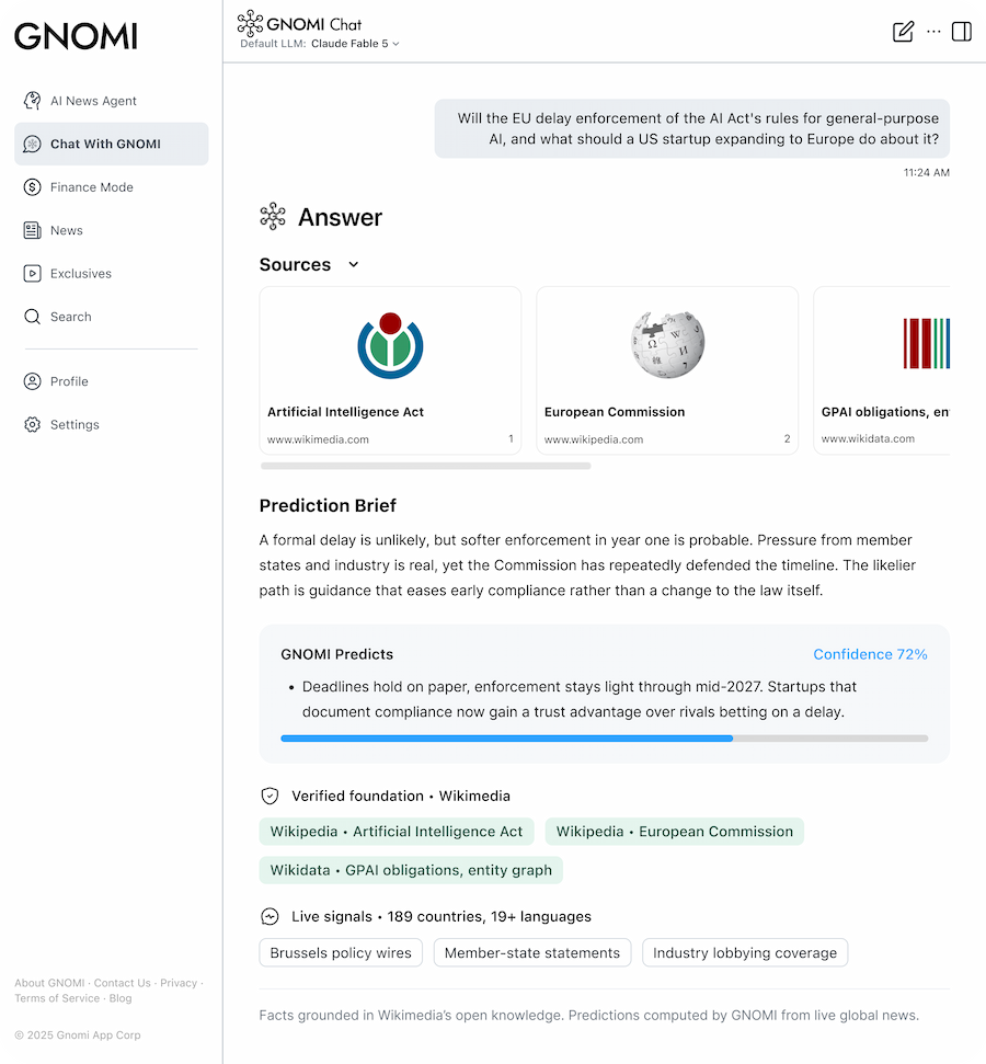 a screenshot of the GNOMI AI news agent, with a chat screen where a user asks about the AI Act and GNOMI pulls up sources from Wikimedia projects.